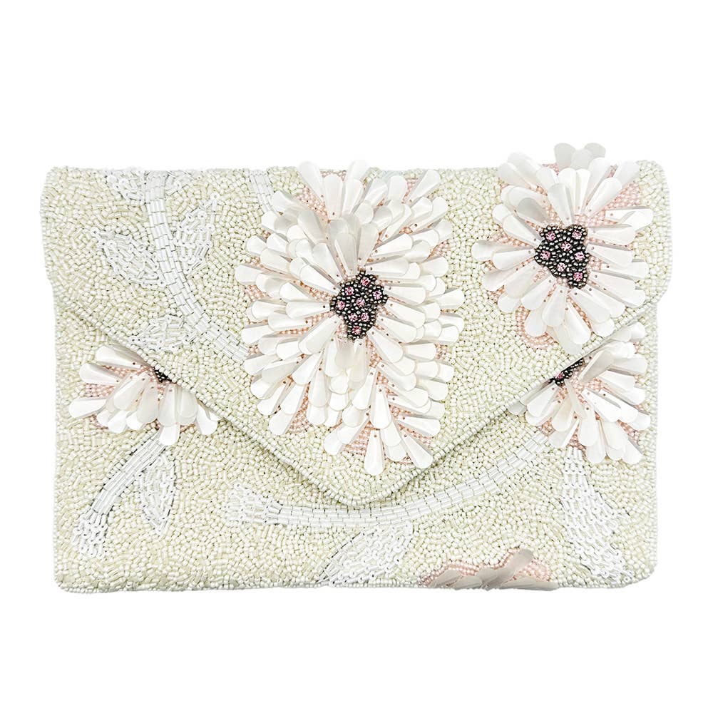 CREAM FLORAL BEADED CLUTCH