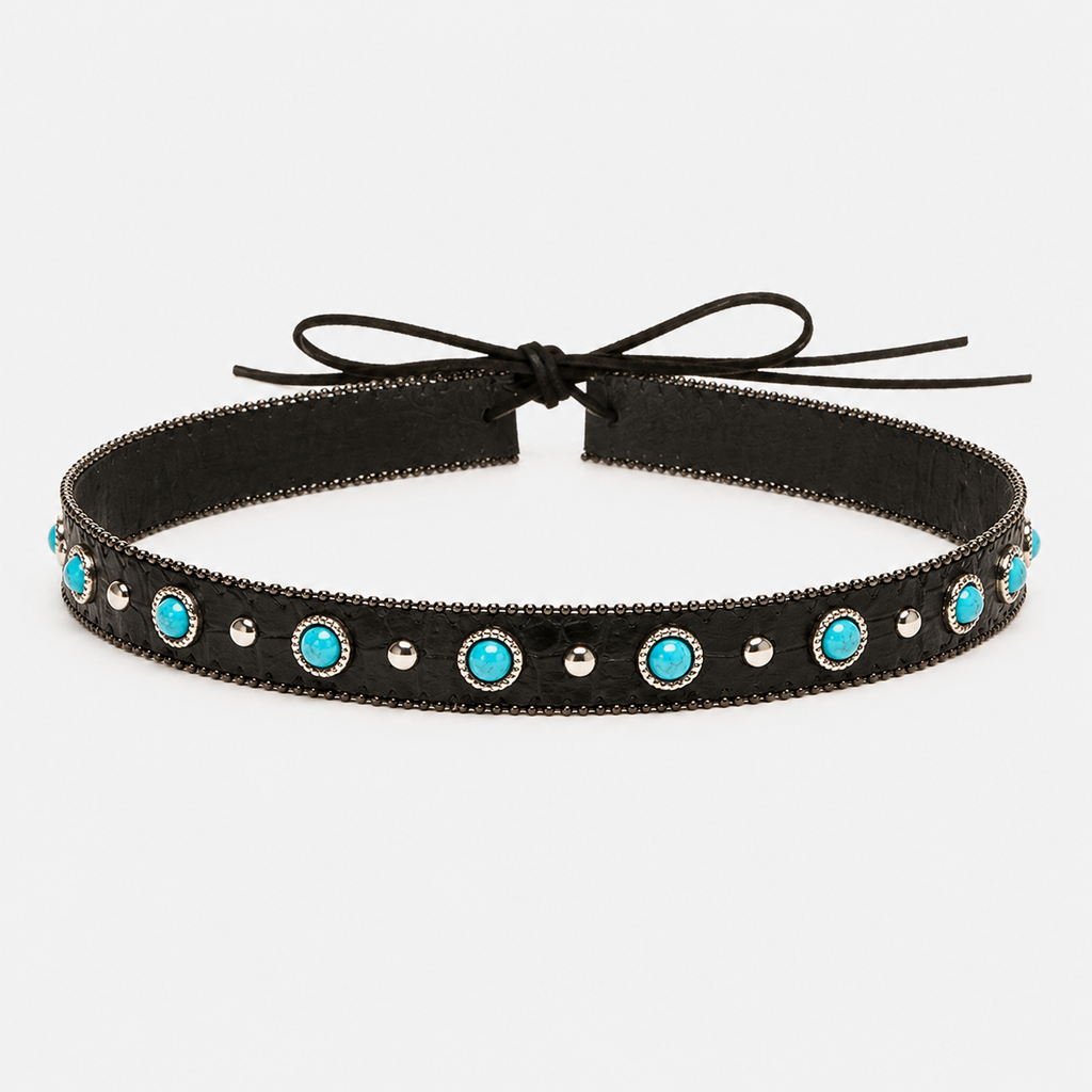 Black Leather Hat Band with Turquoise Stones