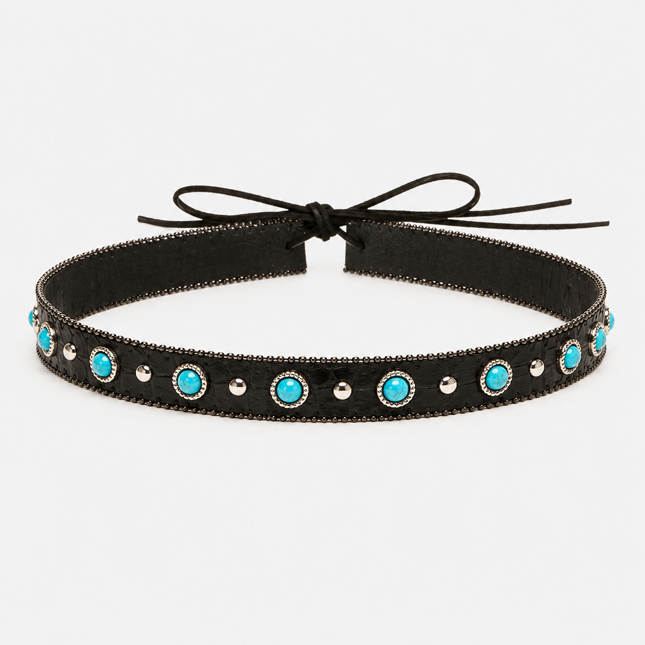 Black Leather Hat Band with Turquoise Stones
