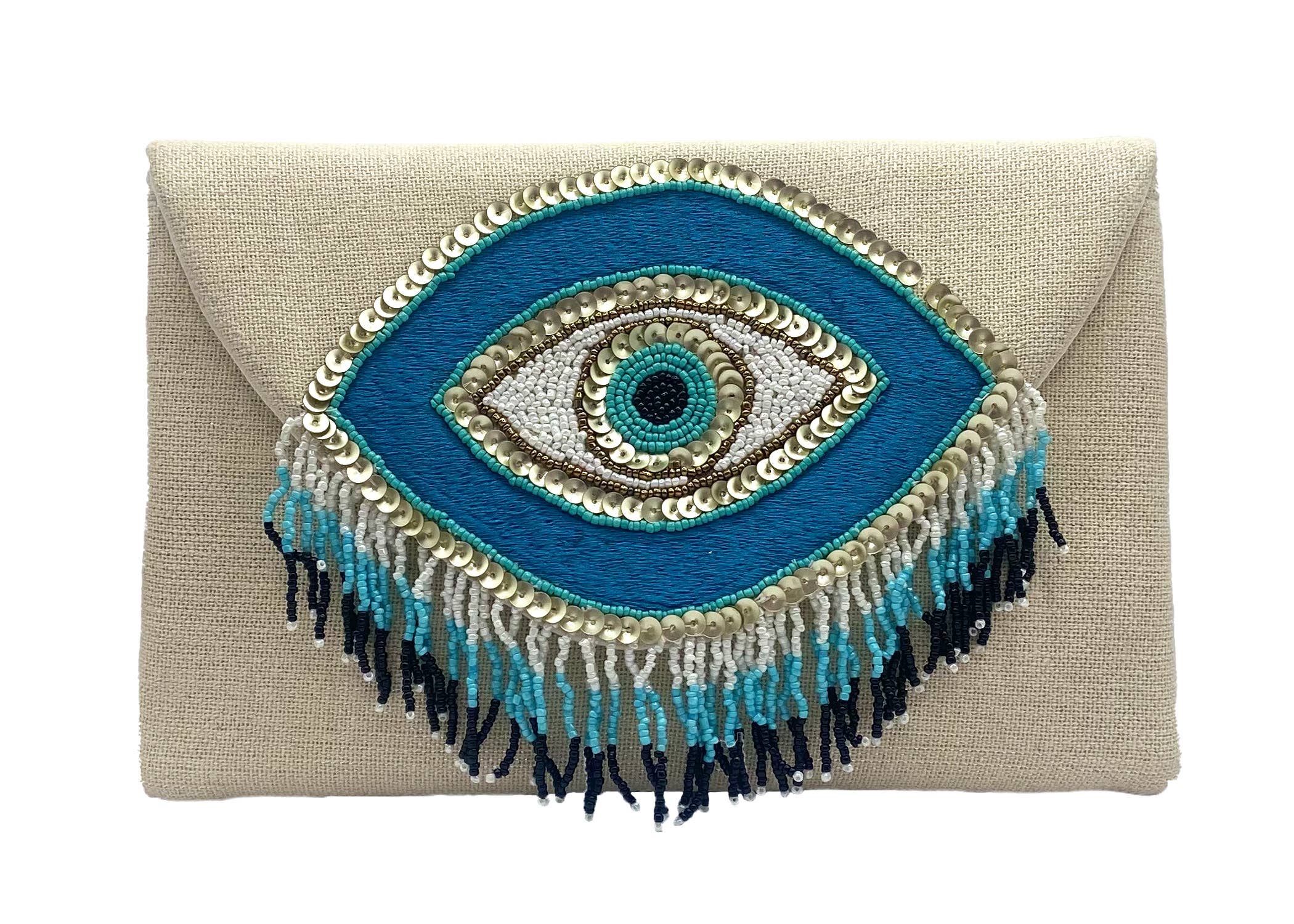 EVIL EYE EMBROIDERED BEADED CLUTCH