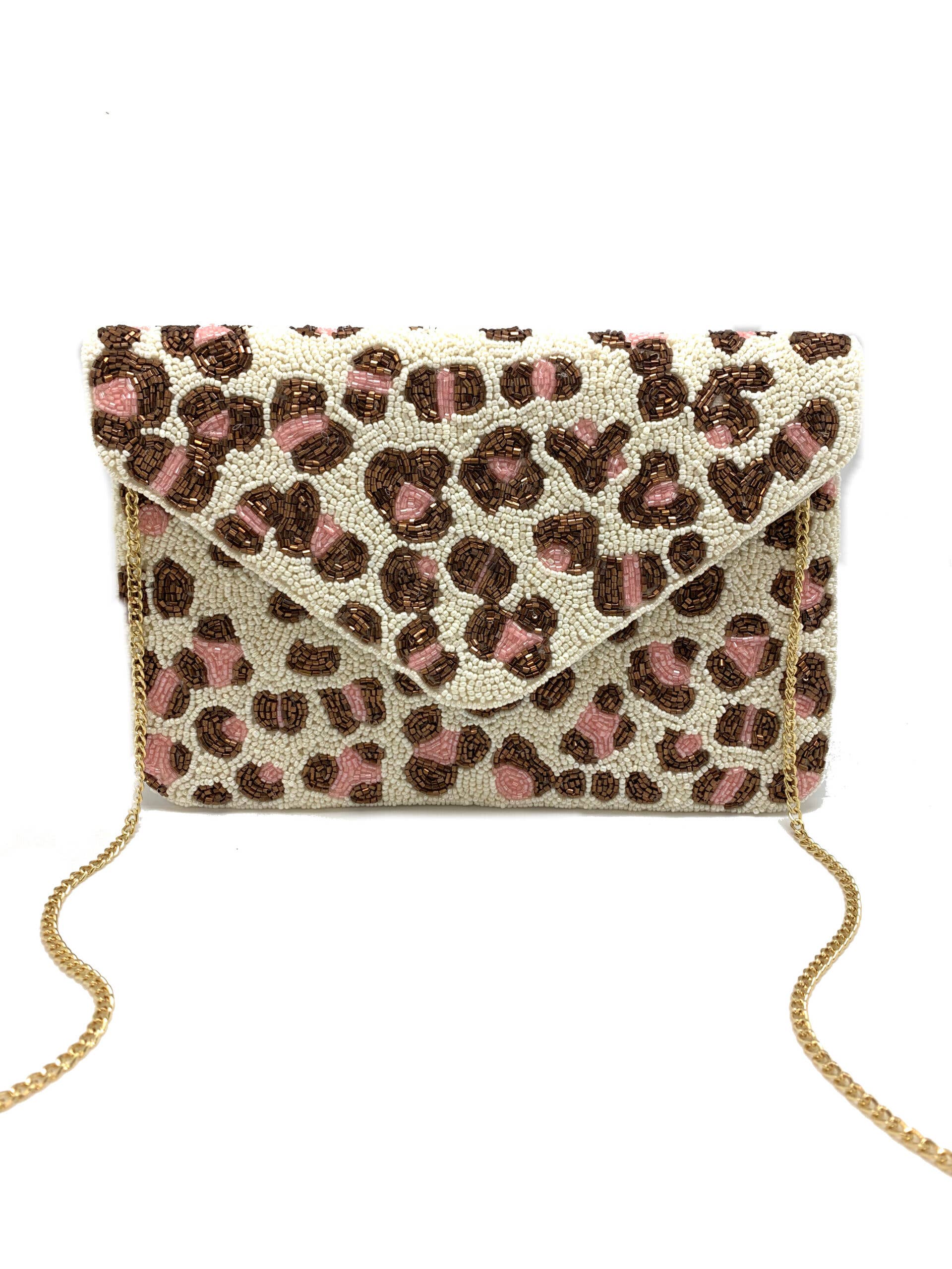 Pink Leopard Beaded Clutch