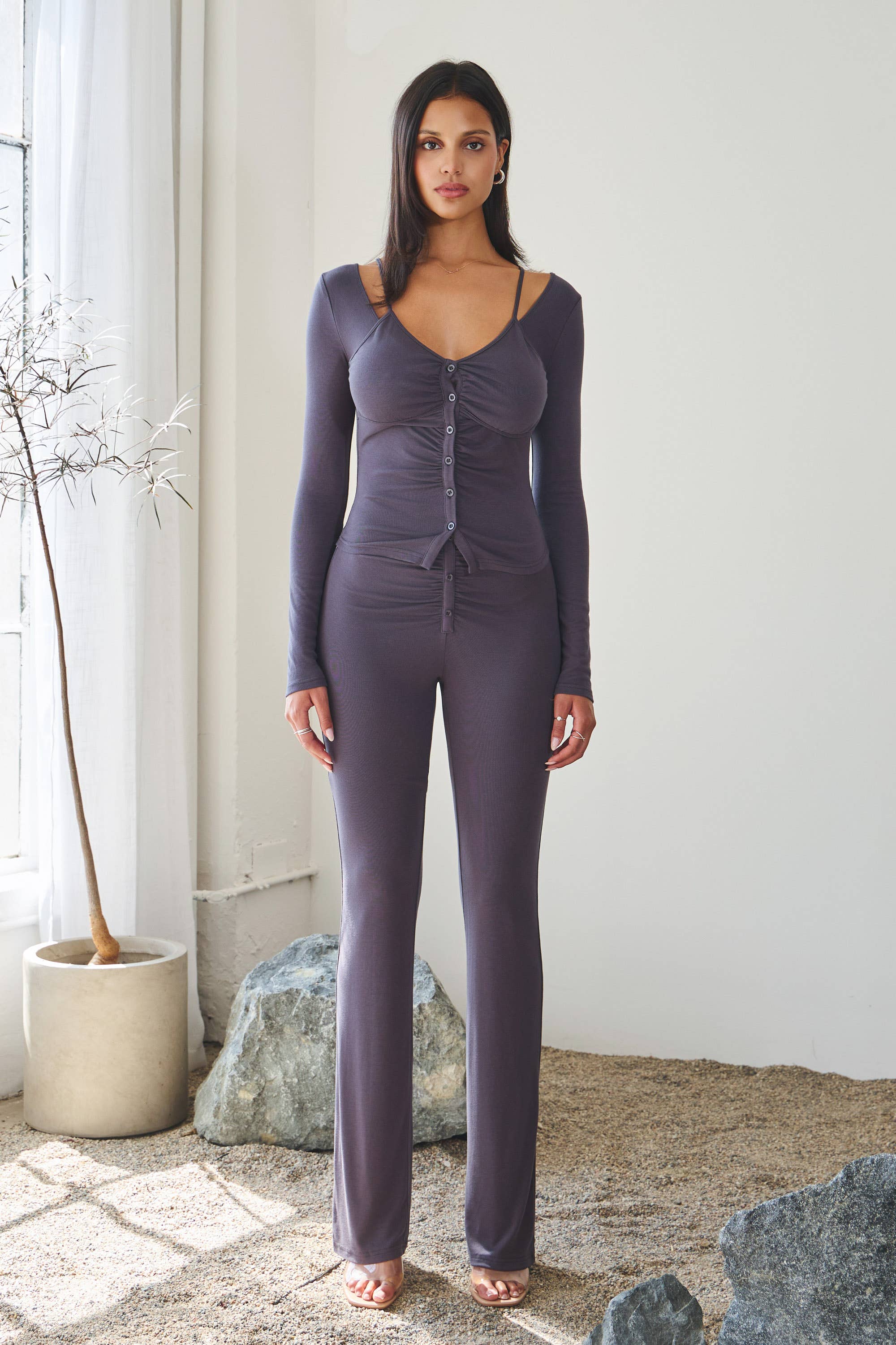 Soft jersey double neckline strap top & pants set