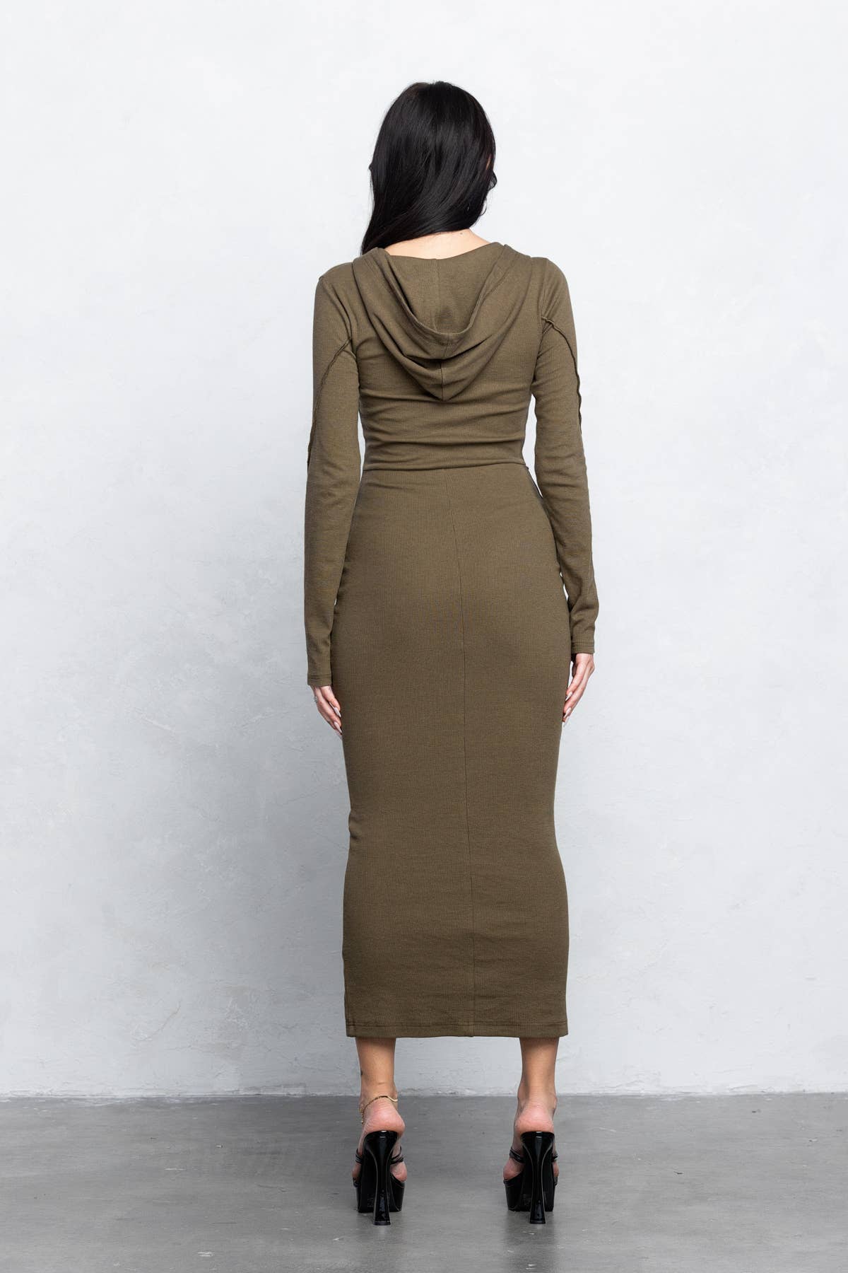 Ribbed long sleeve hooded maxi dress with outseam detailing
