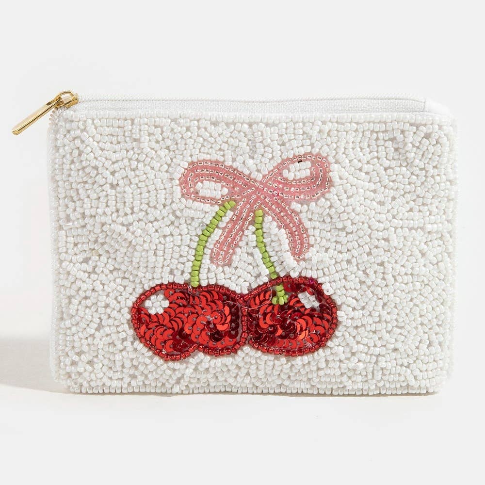 Cherry And Ribbon Bow Seed Beaded Coin Purse