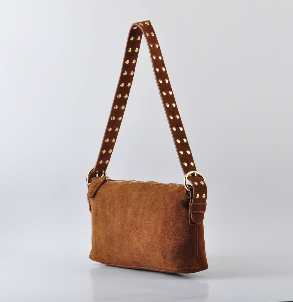 Suede Leather  Shoulder Bag w/ Studded Strap