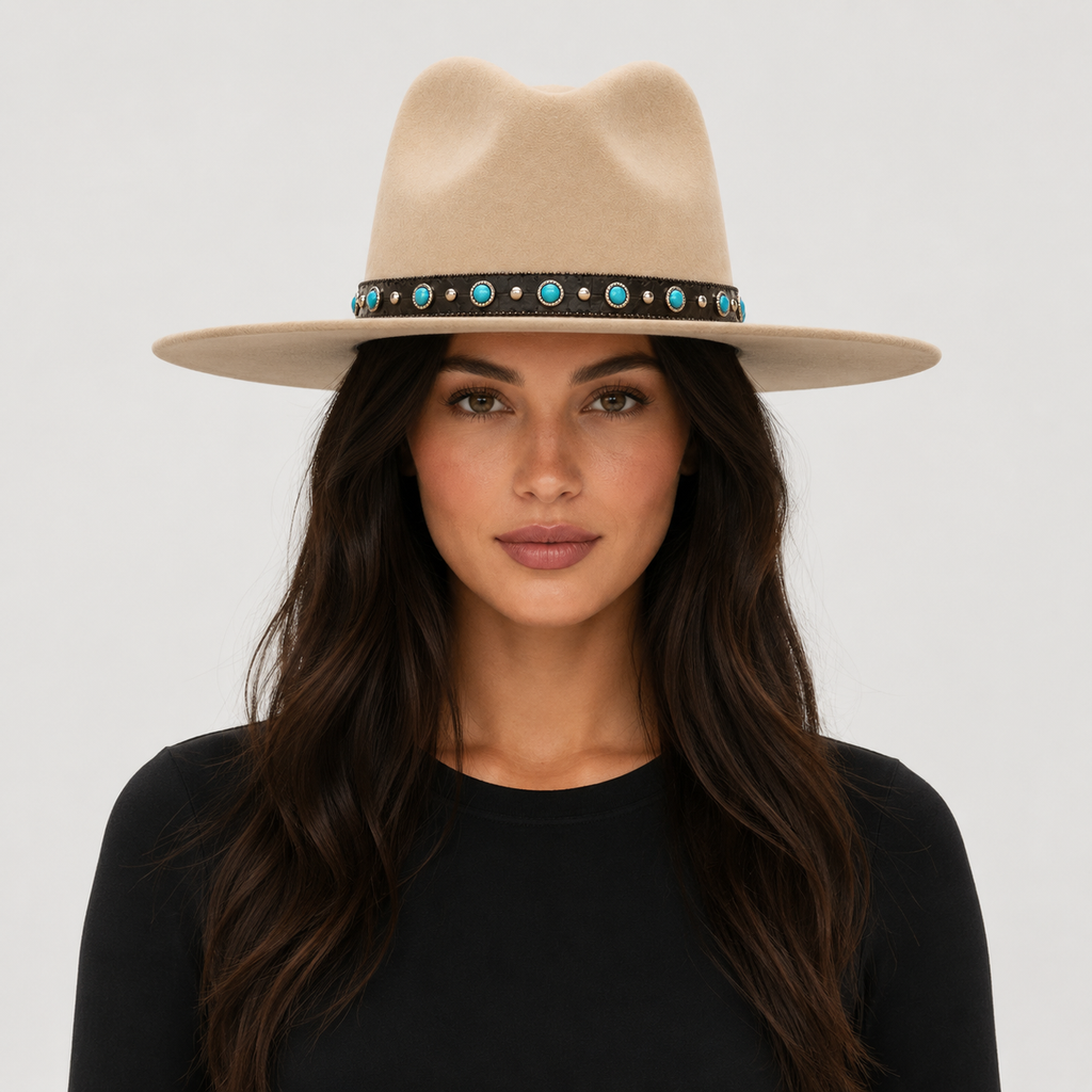 Black Leather Hat Band with Turquoise Stones