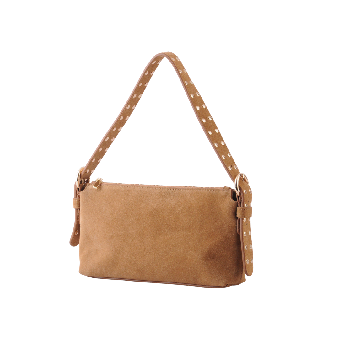 Suede Leather  Shoulder Bag w/ Studded Strap
