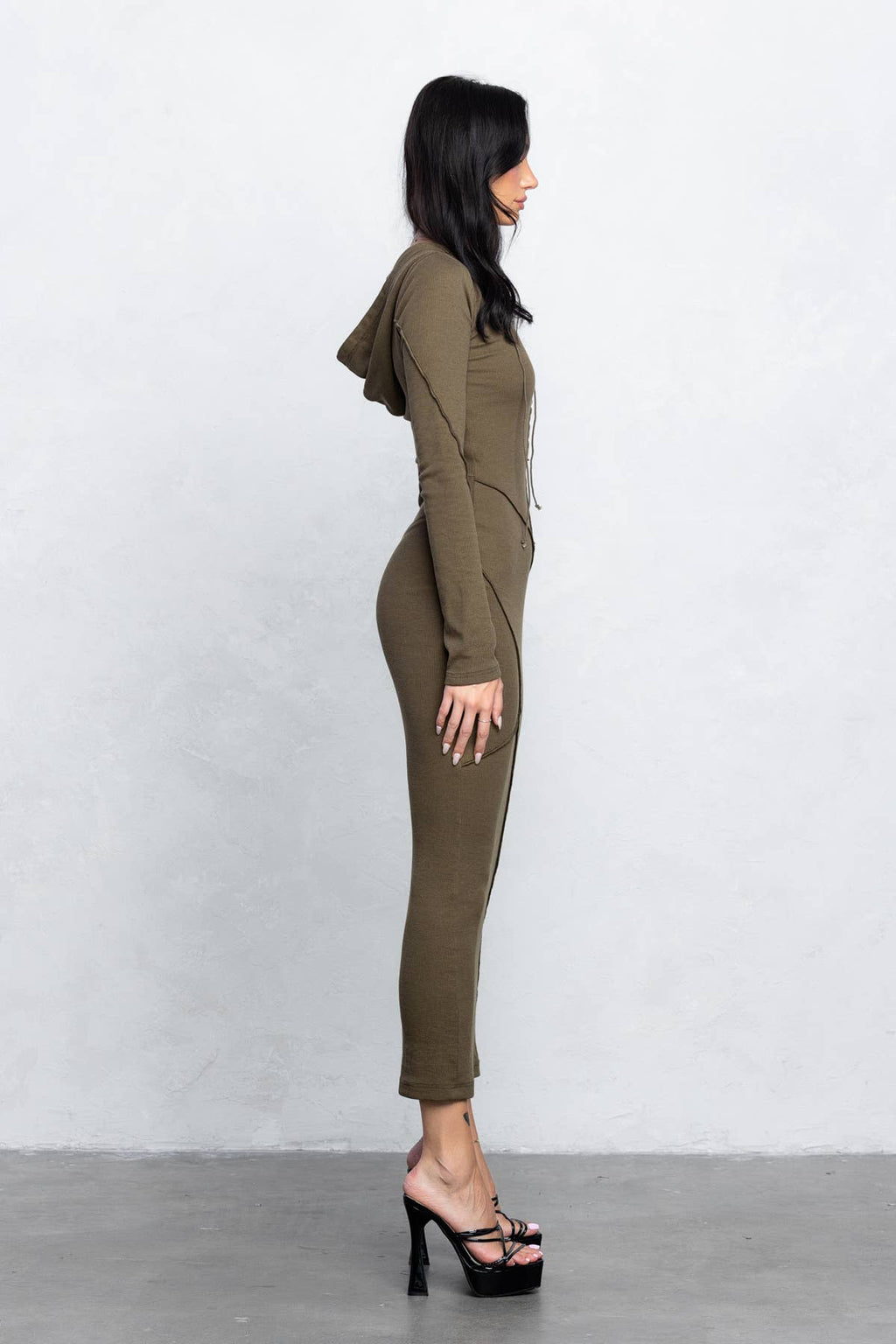 Ribbed long sleeve hooded maxi dress with outseam detailing