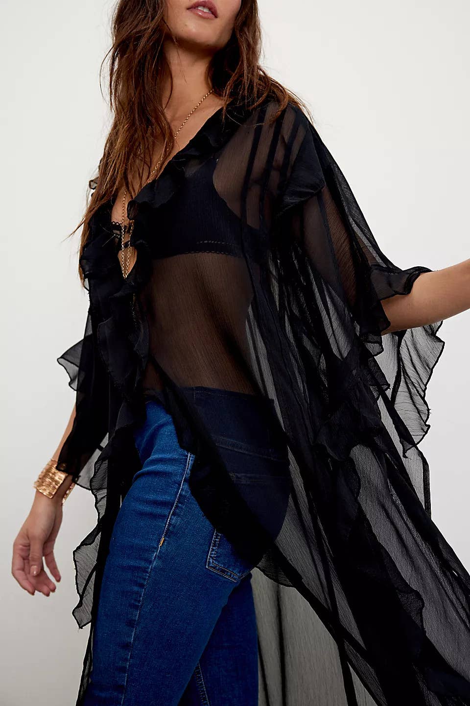 Boho sheer ruffle maxi top duster