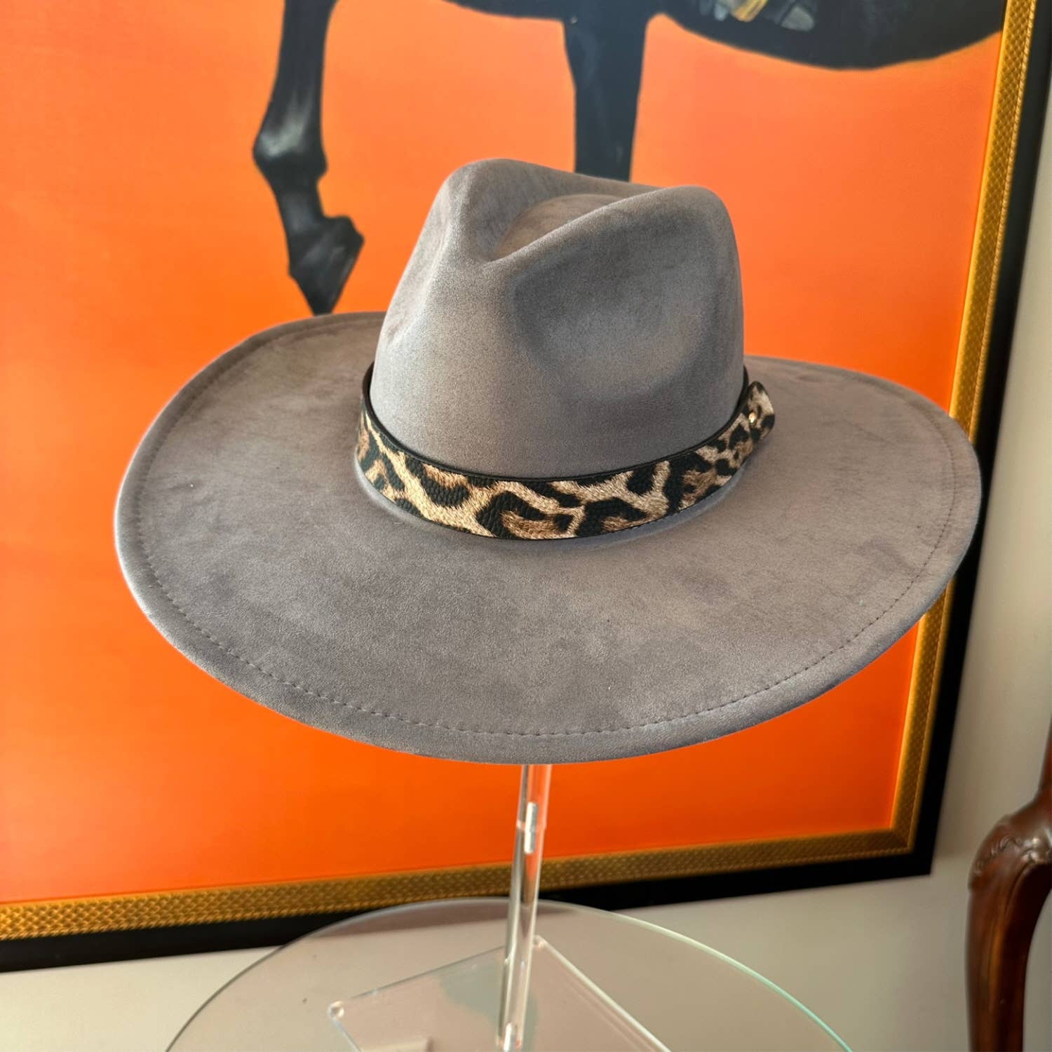 Wide Brim Suede Hat W/ Leopard printed belt