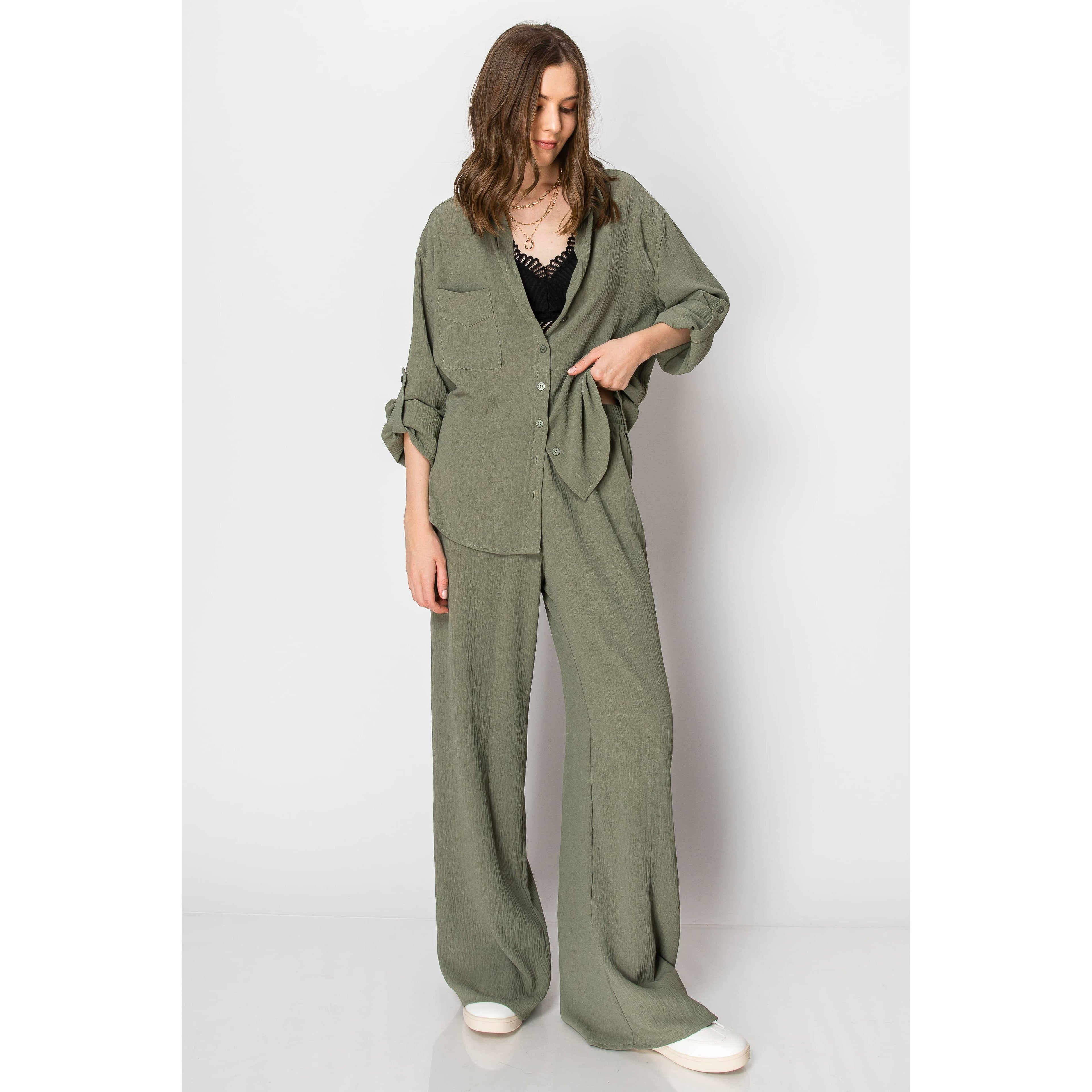 Button Down Wide Leg Flowy Long Sleeve Set