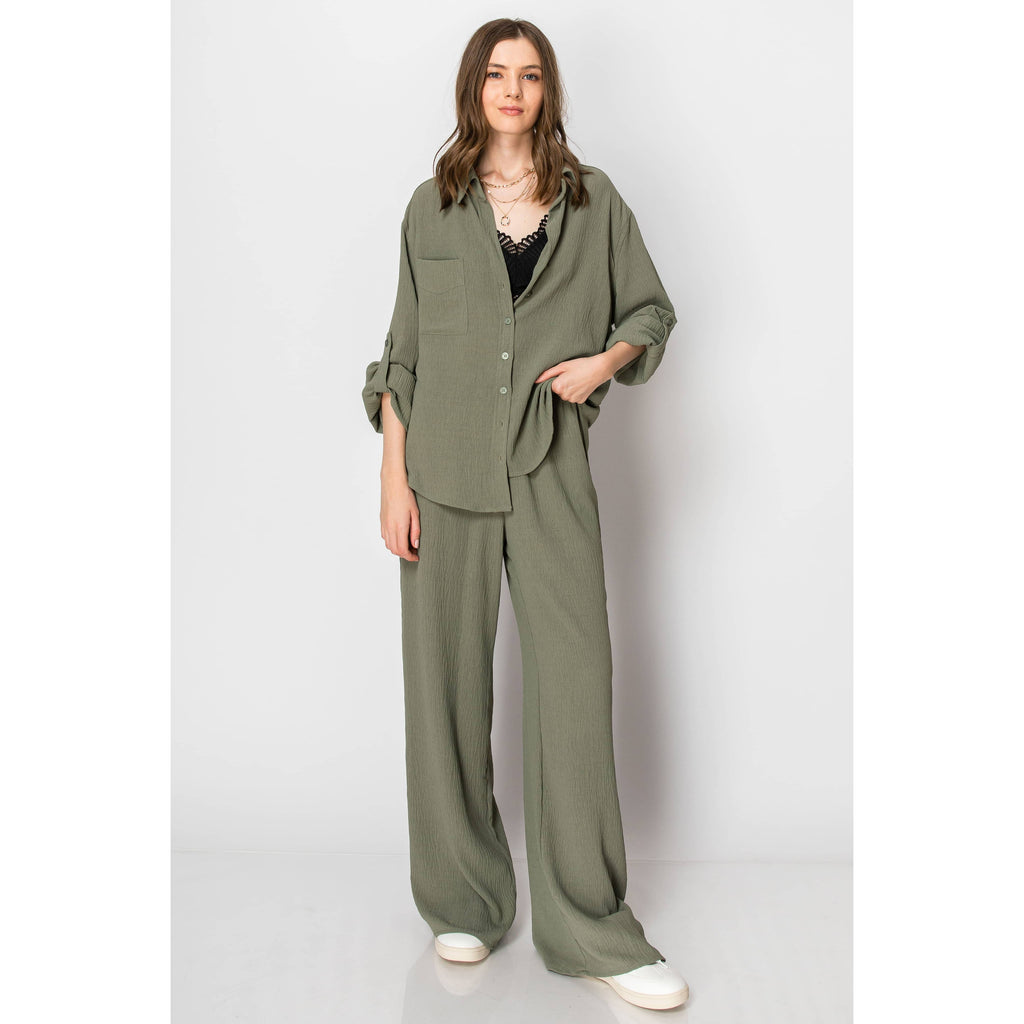 Button Down Wide Leg Flowy Long Sleeve Set