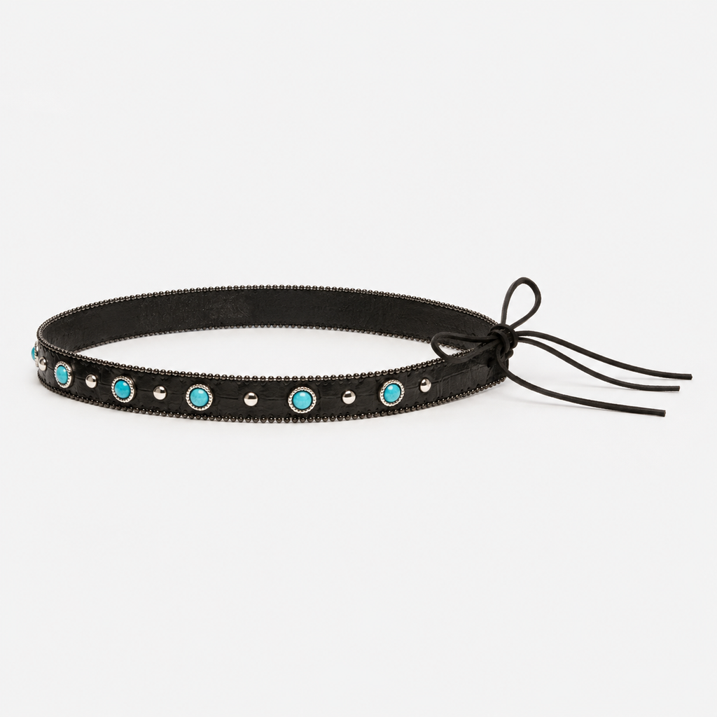 Black Leather Hat Band with Turquoise Stones