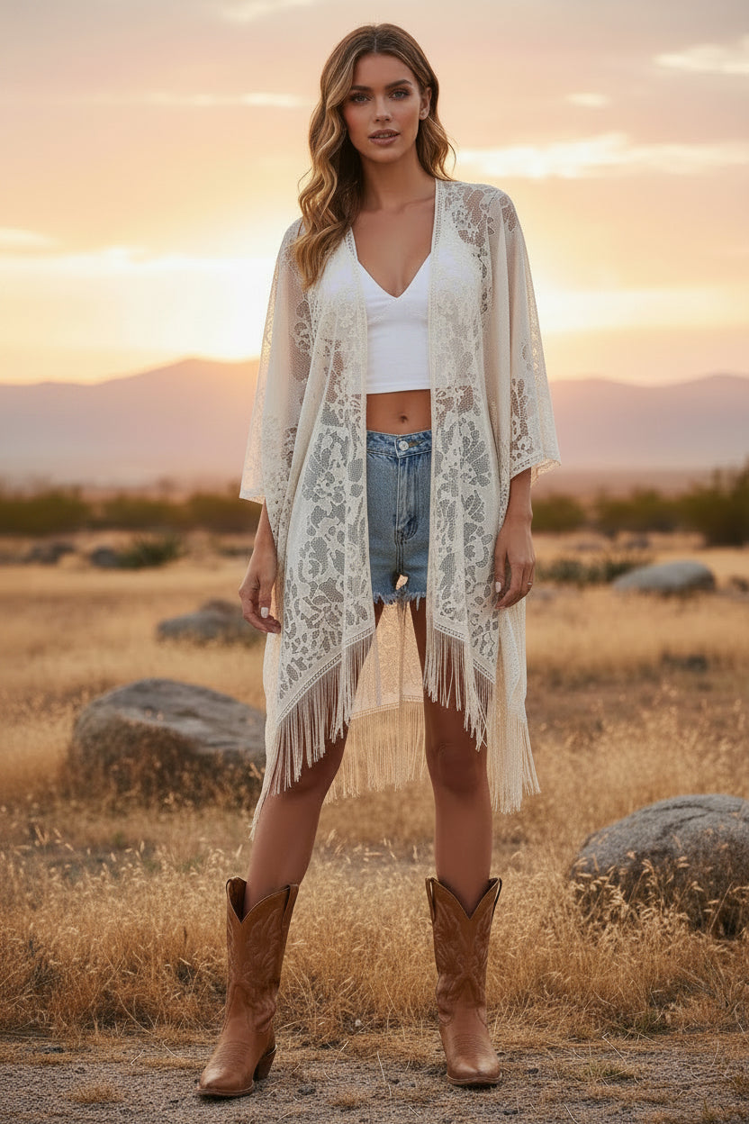 Floral Lace Fringe Kimono