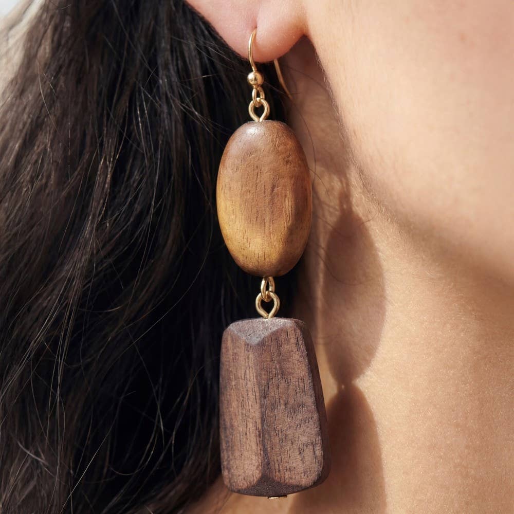 Tiered Chunky Wooden Beads Dangle Earrings