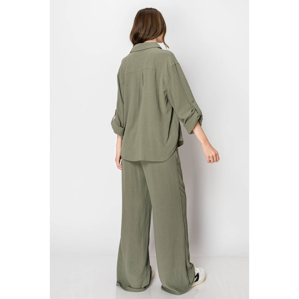 Button Down Wide Leg Flowy Long Sleeve Set
