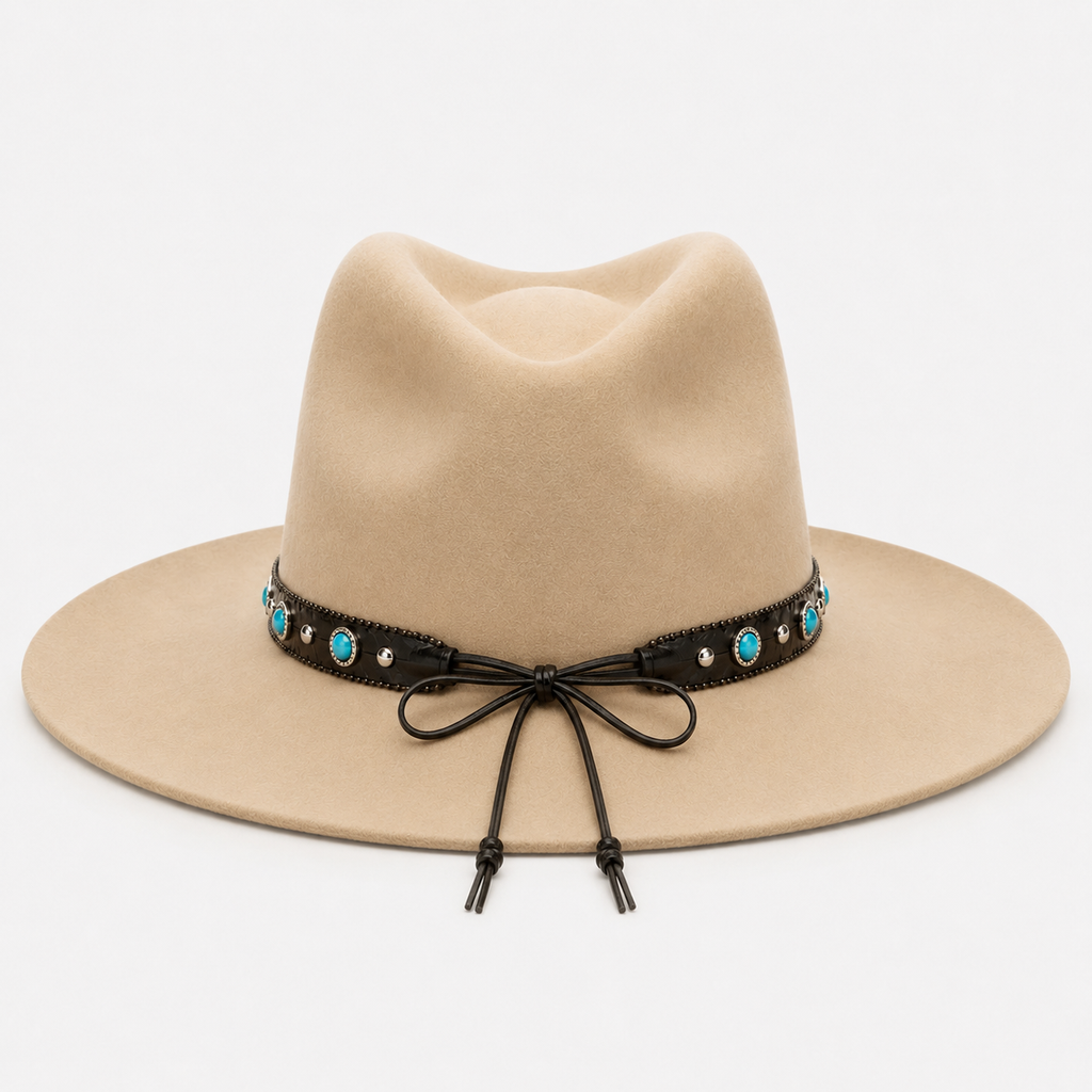 Black Leather Hat Band with Turquoise Stones