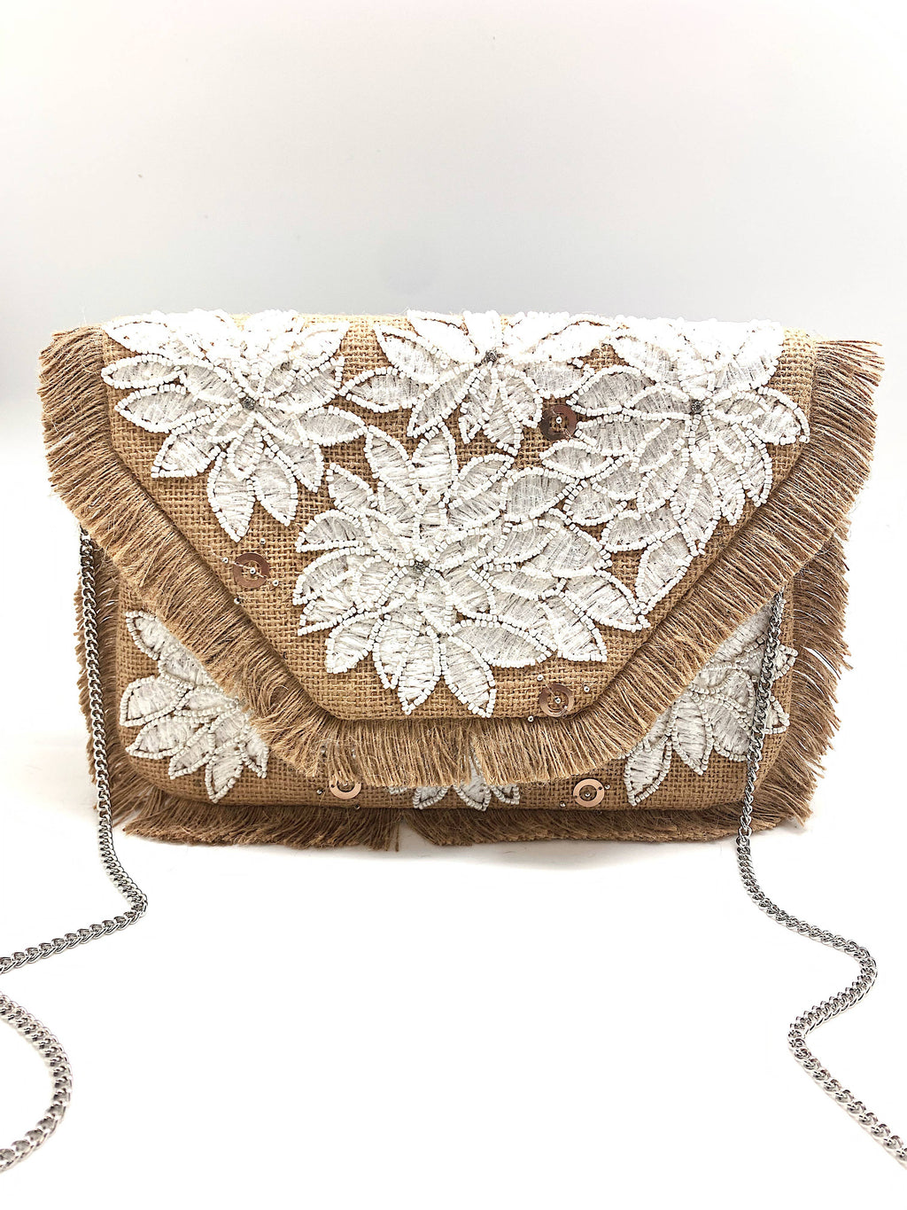 FLORAL FRINGE DATAILING BEADED CLUTCH
