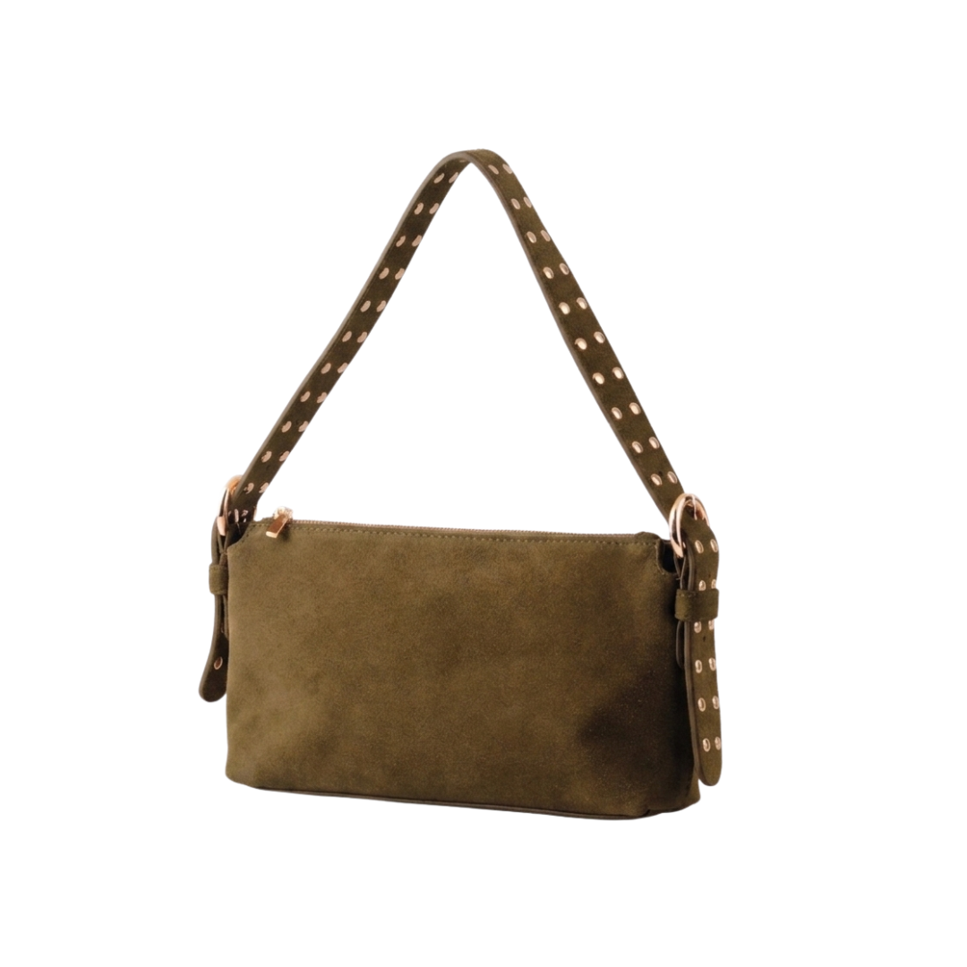Suede Leather  Shoulder Bag w/ Studded Strap