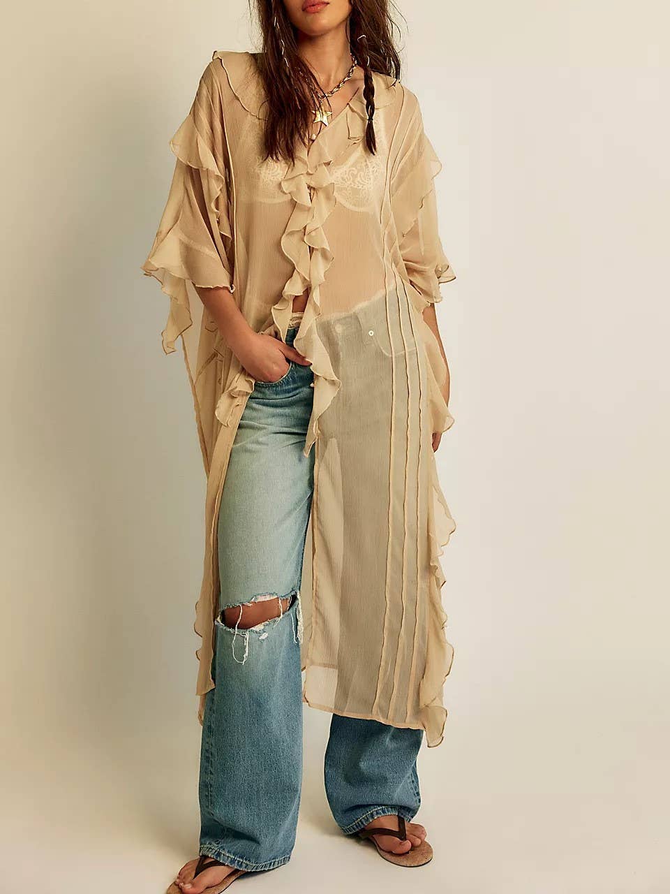 Boho sheer ruffle maxi top duster