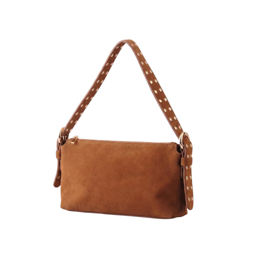 Suede Leather  Shoulder Bag w/ Studded Strap