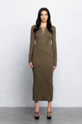 Ribbed long sleeve hooded maxi dress with outseam detailing