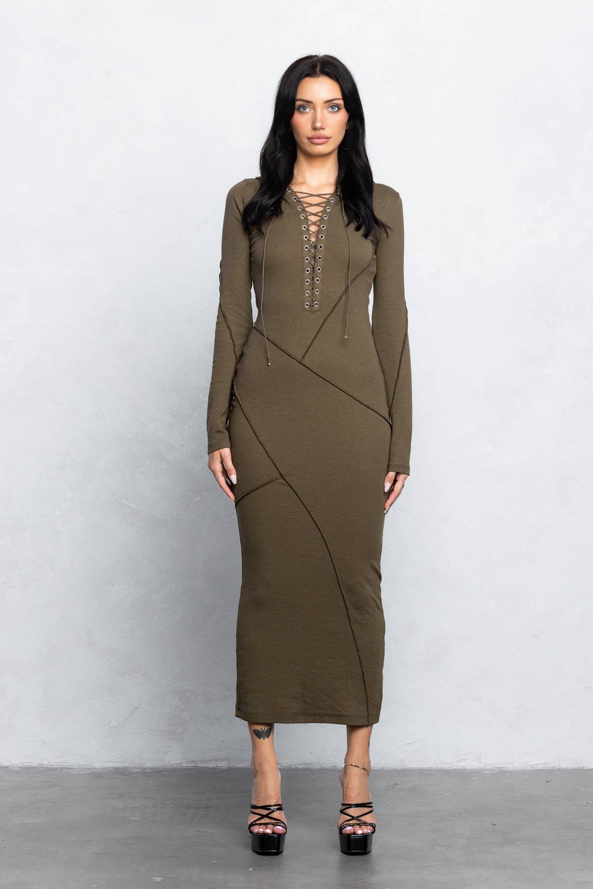 Ribbed long sleeve hooded maxi dress with outseam detailing