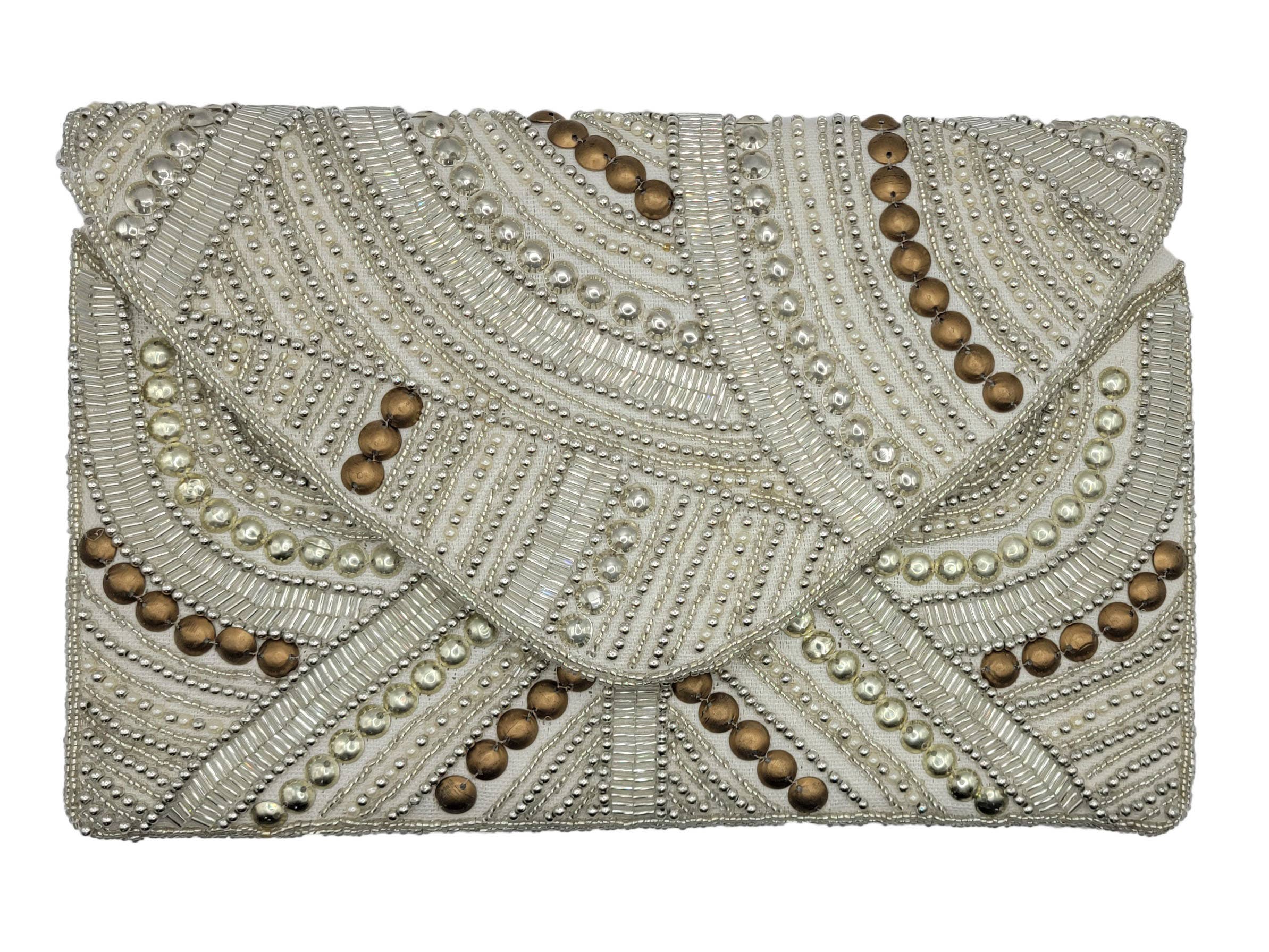 CREAM STUDDED BEADED CLUTCH