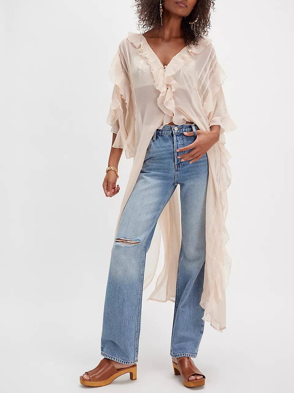 Boho sheer ruffle maxi top duster