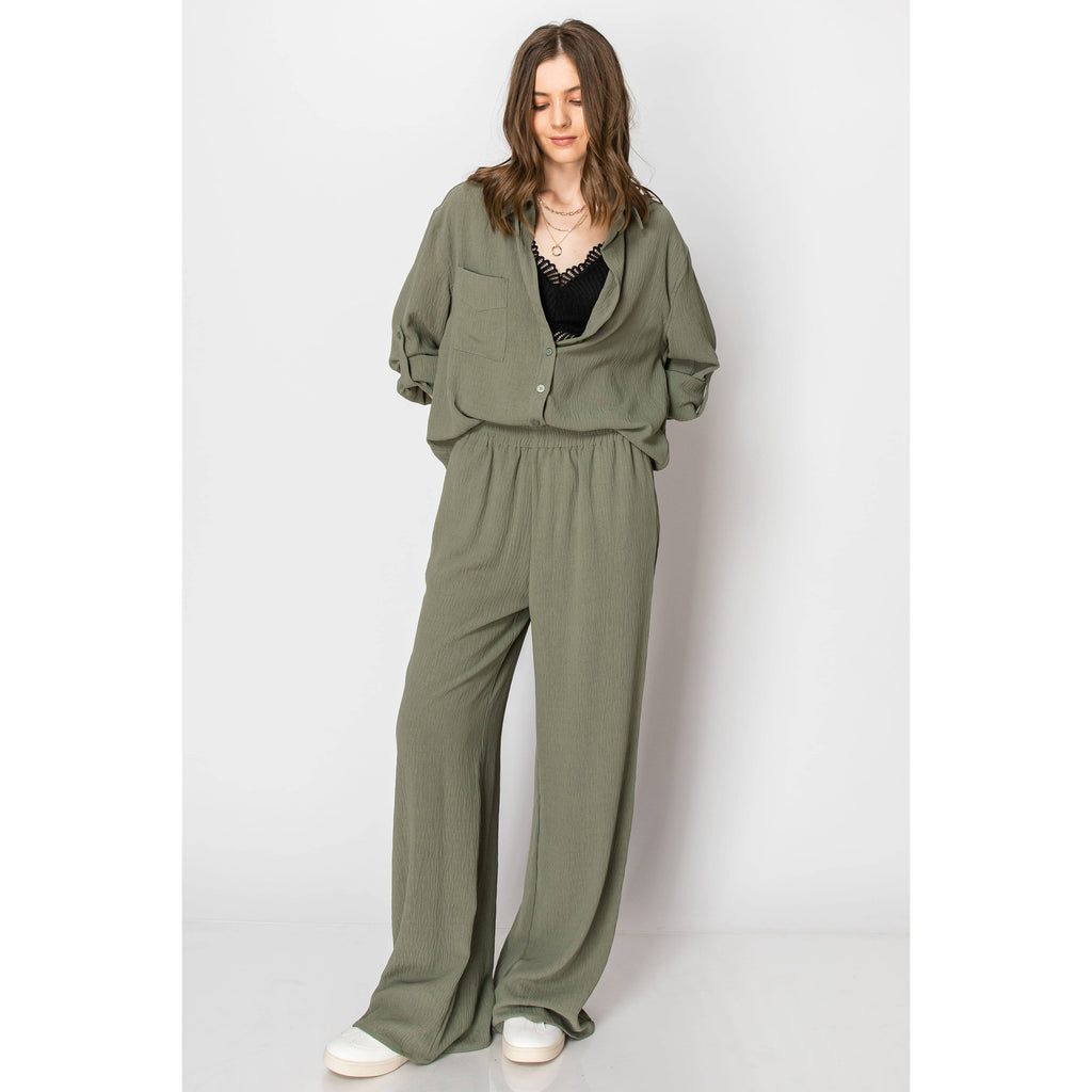 Button Down Wide Leg Flowy Long Sleeve Set