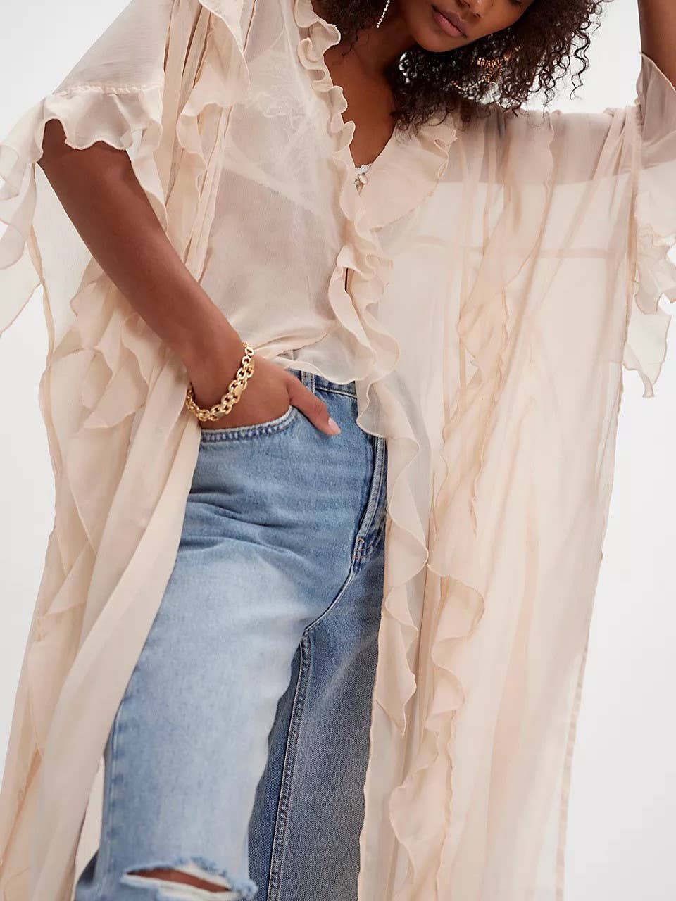Boho sheer ruffle maxi top duster