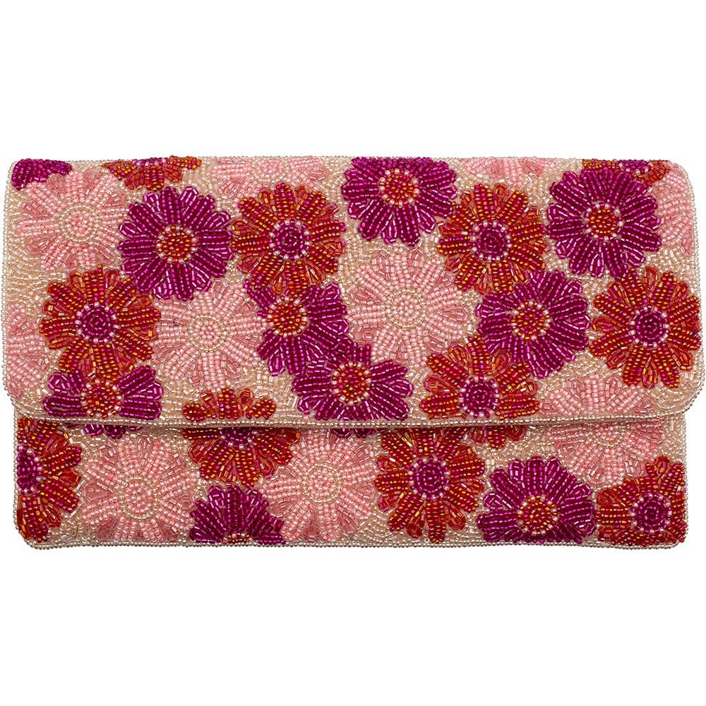 PINK FLOWERS BEADED CLUTCH