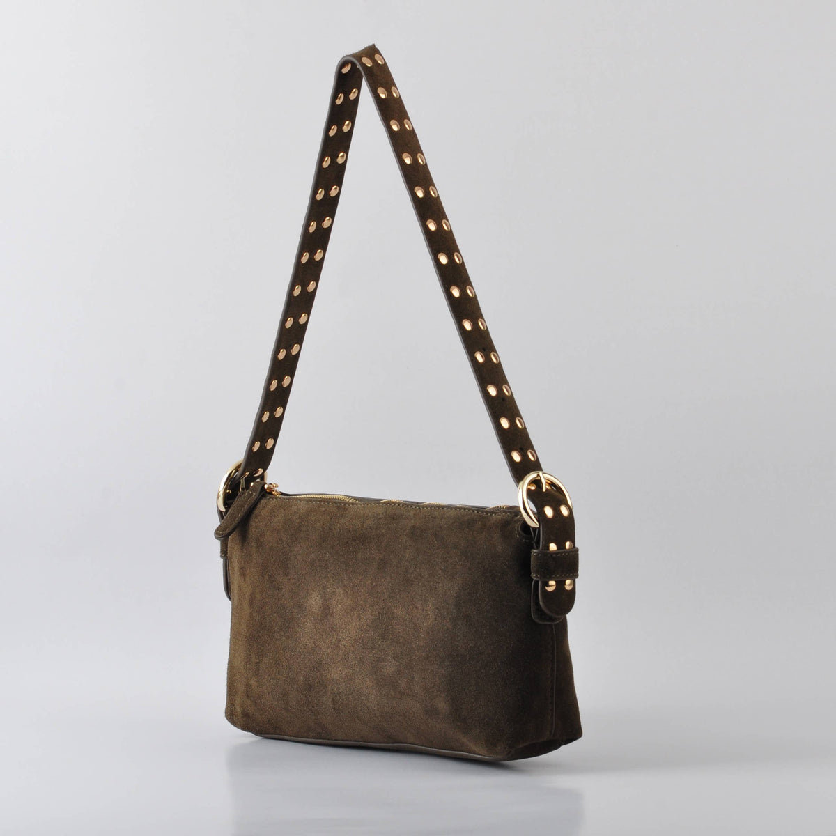 Suede Leather  Shoulder Bag w/ Studded Strap